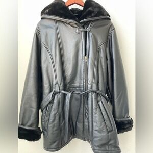 Wilson's Leather Women's Black Hooded Belt Zip Faux Fur Jacket Size 1X like NWOT